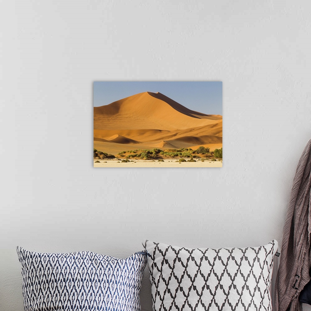 A bohemian room featuring Africa, Namibia, Namib Desert, Namib-Naukluft National Park, Sossusvlei.  Large red dune rising f...