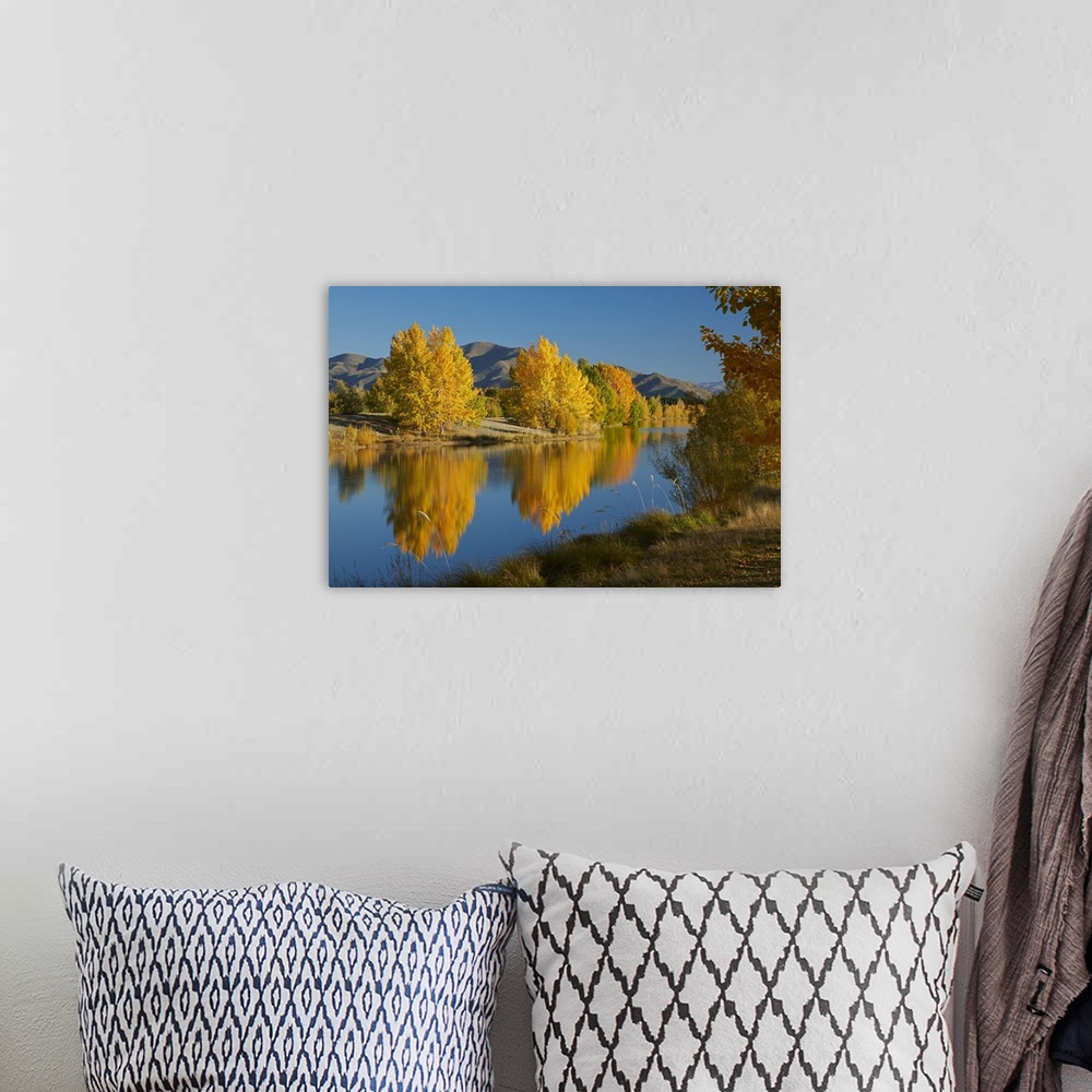 A bohemian room featuring Autumn reflections in Kellands Pond, near Twizel, Mackenzie District, South Canterbury, South Isl...