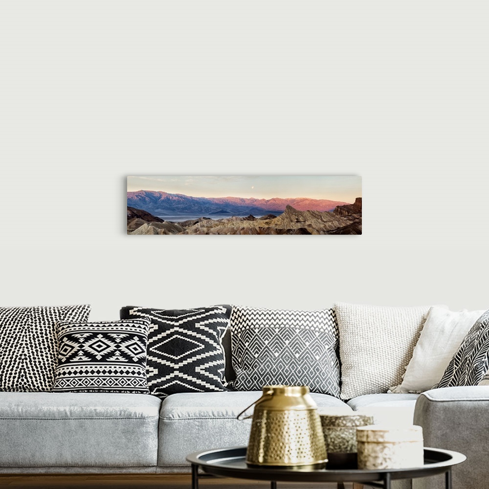 A bohemian room featuring USA, California, Death Valley National Park, Panoramic view of moon setting at sunrise over Panam...