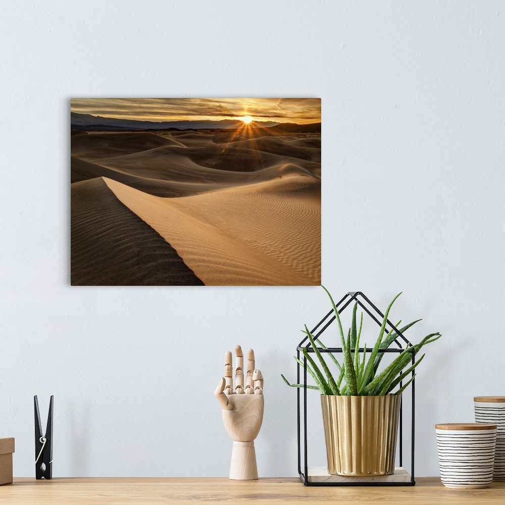A bohemian room featuring USA, California, Death Valley National Park, Sunrise over Mesquite Flat Dunes