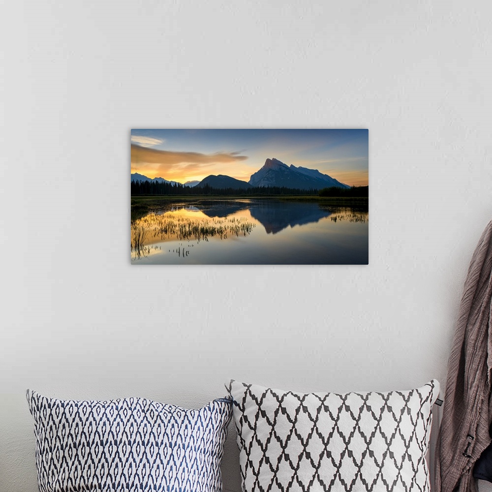 A bohemian room featuring Canada, Alberta, Banff, Vermillion Lakes, Mount Rundle sunrise reflection.