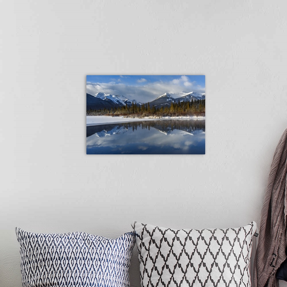A bohemian room featuring Canada, Alberta, Banff. Vermillion Lakes with mountain reflection in winter.