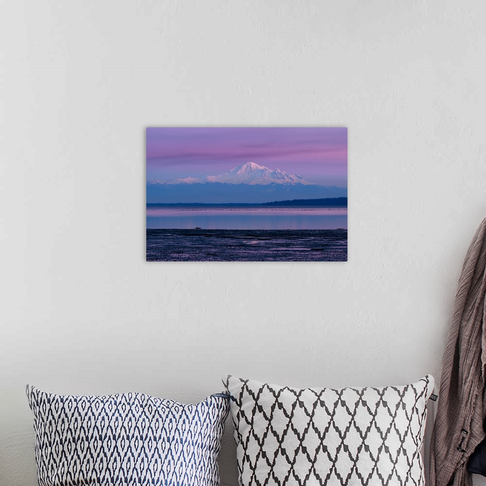 A bohemian room featuring Canada, British Columbia, Boundary Bay. Mount Baker from the shoreline at sunset.