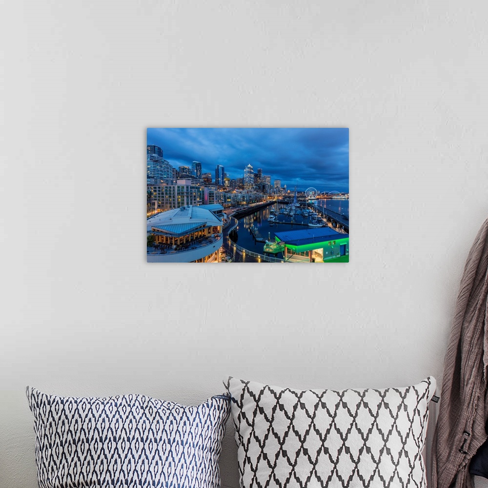 A bohemian room featuring City skyline at dusk from Bell Street Pier in Seattle, Washington, USA