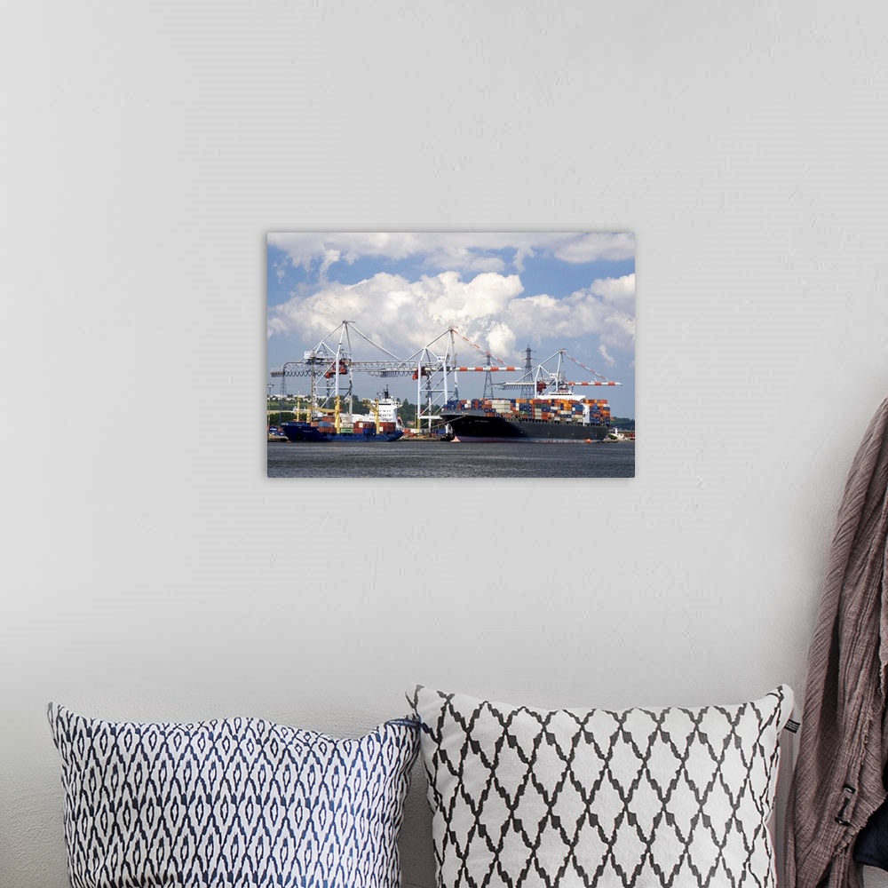 A bohemian room featuring Container ships docked at Le Havre in the department of Seine-Maritime, Normandy, France.