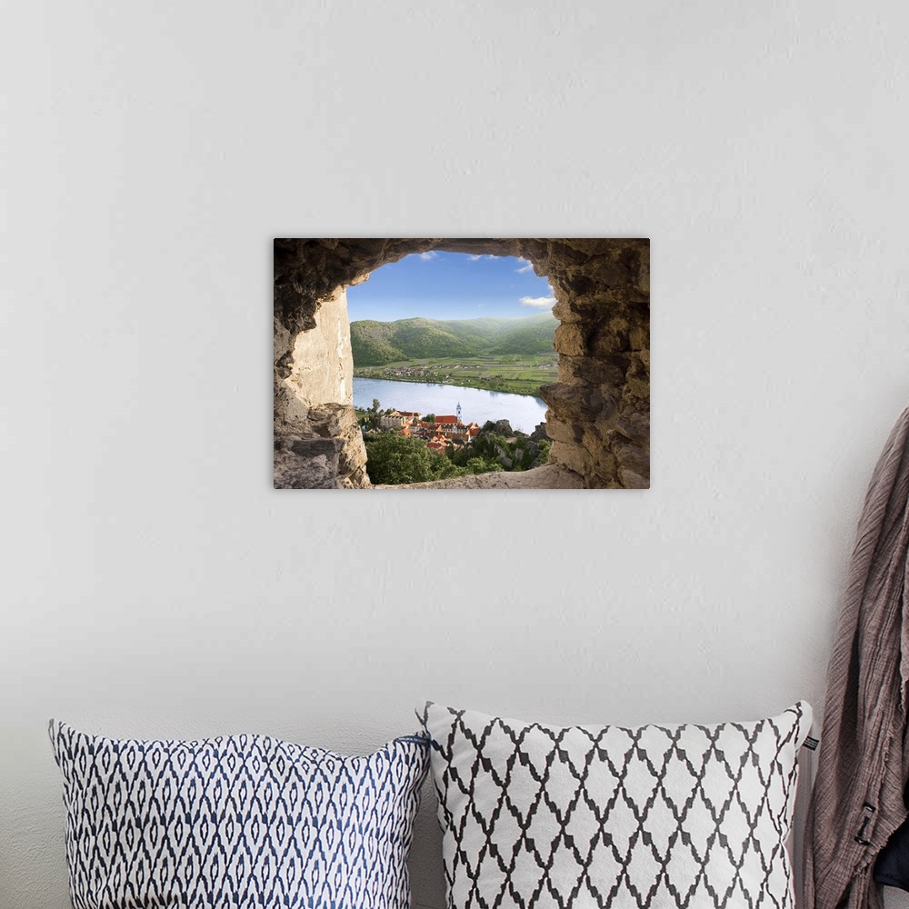 A bohemian room featuring Durnstein, Austria, Wachau Valley, Danube River, Durnstein Castle Window