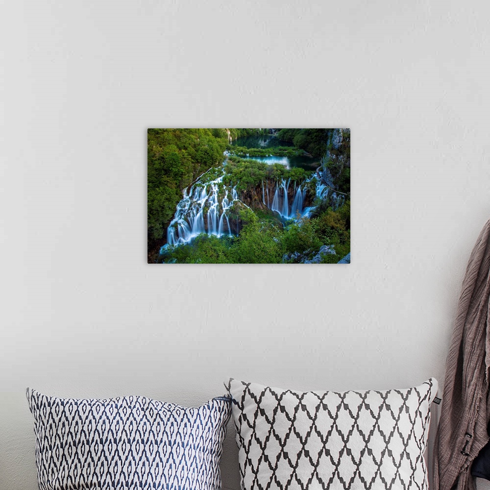 A bohemian room featuring Europe, Croatia, Plitvice Lakes National Park. Waterfall landscape.