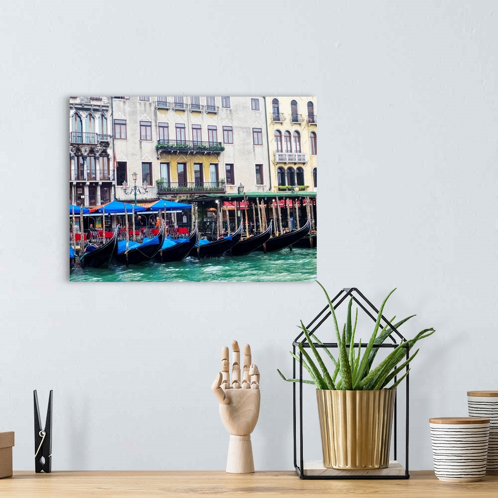 A bohemian room featuring Europe, Italy, Venice, Buildings along the Grand Canal with Gondolas parked.