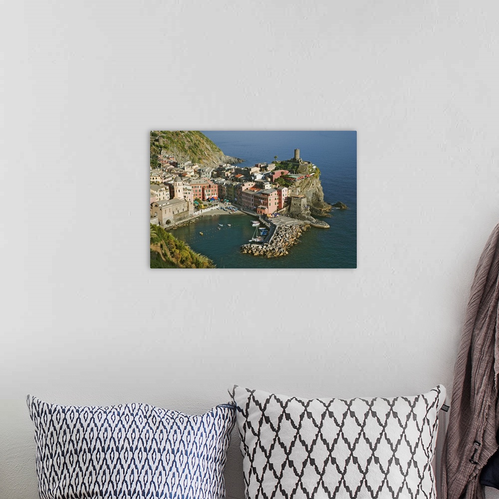 A bohemian room featuring Europe, Italy, Vernazza. Overview of town and ocean.