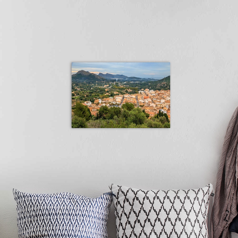A bohemian room featuring Europe, Spain, Balearic Islands, Mallorca, Pollenca. territorial view from the top of stairs at C...