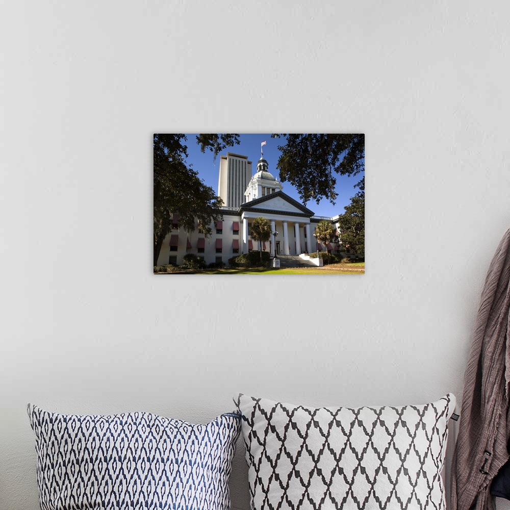 A bohemian room featuring USA, Florida, Tallahassee, old and new State Capitol buildings