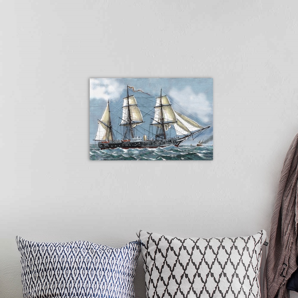 A bohemian room featuring Frigate 'Blanca' of the Spanish Navy aimed at a voyage of circumnavigation. Engraving by Capuz in...