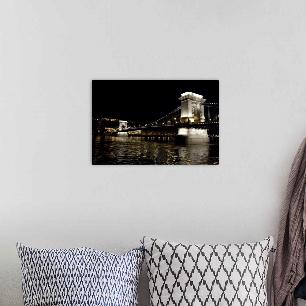 A bohemian room featuring Hungary, Budapest. Night view of "Chain Bridge" from Pest across the Danube River to Castle Hill ...