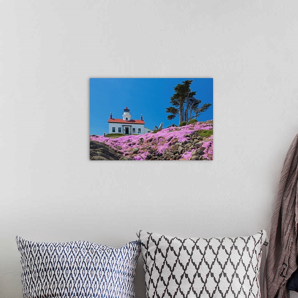 A bohemian room featuring CA, Crescent City, Battery Point Lighthouse, Ice Plants in full bloom.