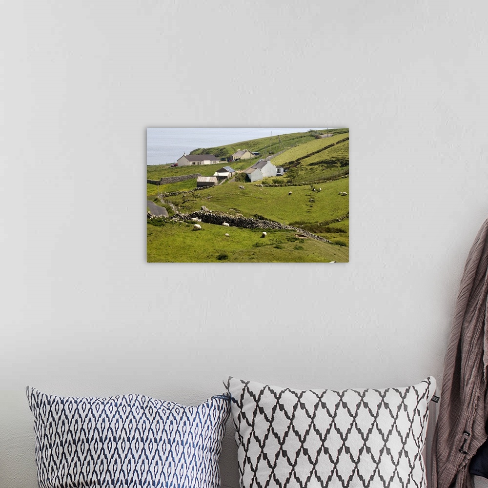 A bohemian room featuring Europe, Ireland, Donegal. Homes and grazing sheep in green countryside. Credit as: Wendy Kaveney ...