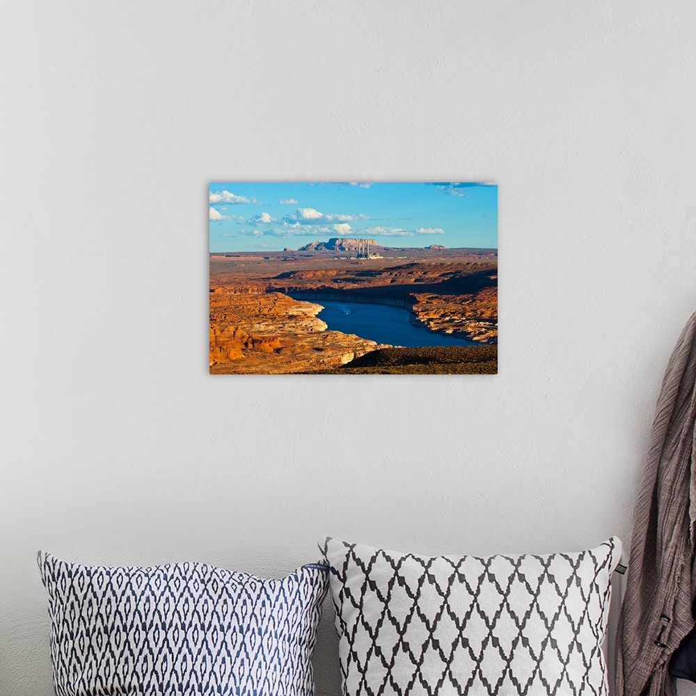 A bohemian room featuring North America, USA, Arizona, Page, Lake Powell Vistas, cruising Boat, From Wahweap Overlook.