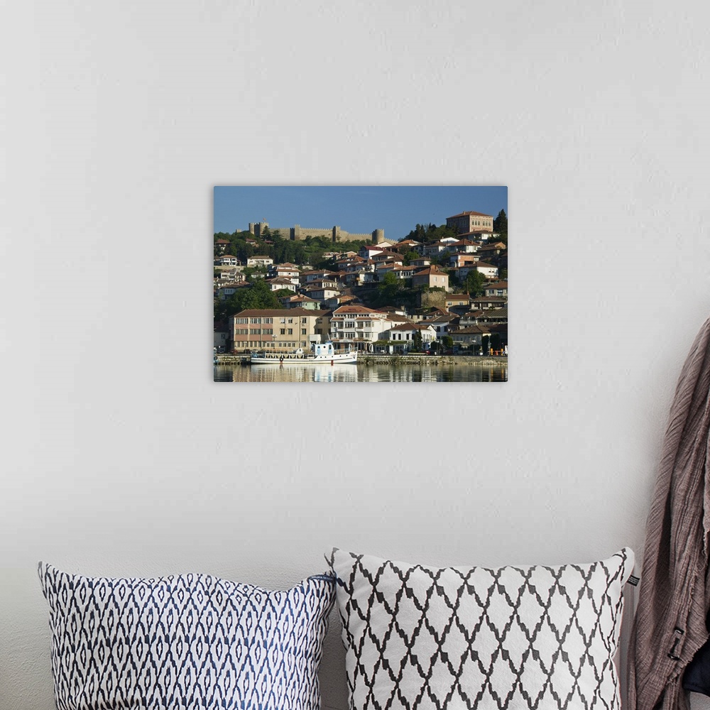 A bohemian room featuring MACEDONIA, Ohrid. Morning View of Old Town and Car Samoil's Castle.
