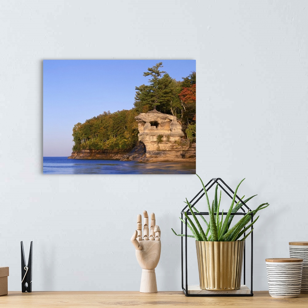 A bohemian room featuring USA, Michigan, Pictured Rocks National Lakeshore, Eroded sandstone of Chapel Rock overlooks Lake ...