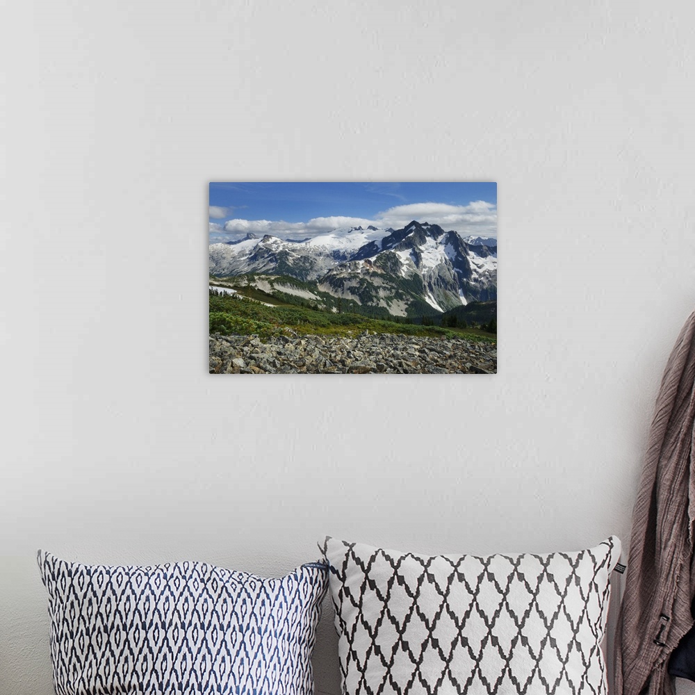 A bohemian room featuring Mount Challenger and Whatcom Peak seen from Tapto Lake, North Cascades National Park