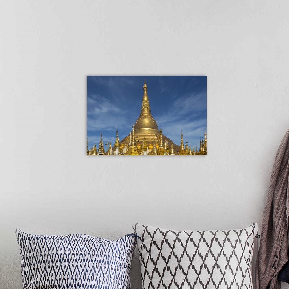 A bohemian room featuring Myanmar, Yangon. Golden stupa and temples of Shwedagon Pagoda.
