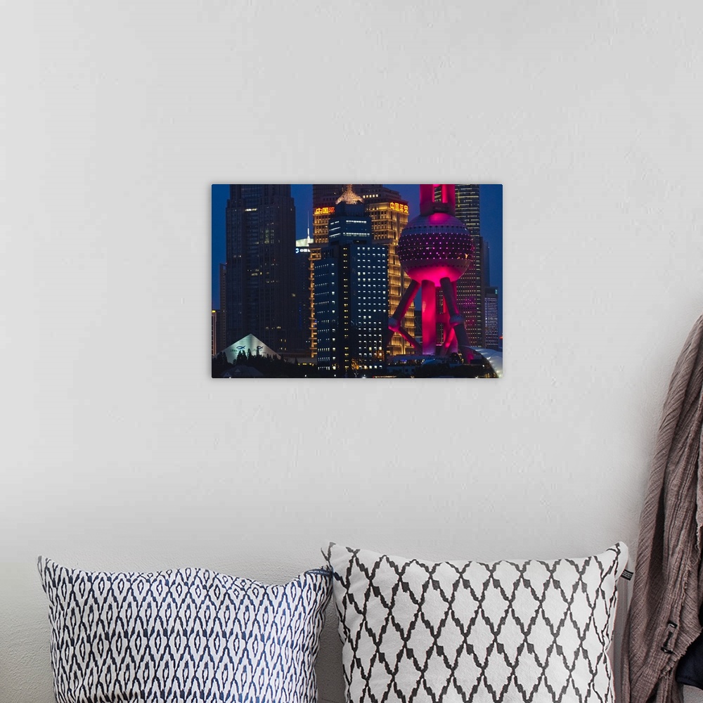 A bohemian room featuring Night view of Pudong skyline dominated by Oriental Pearl TV Tower, Shanghai, China