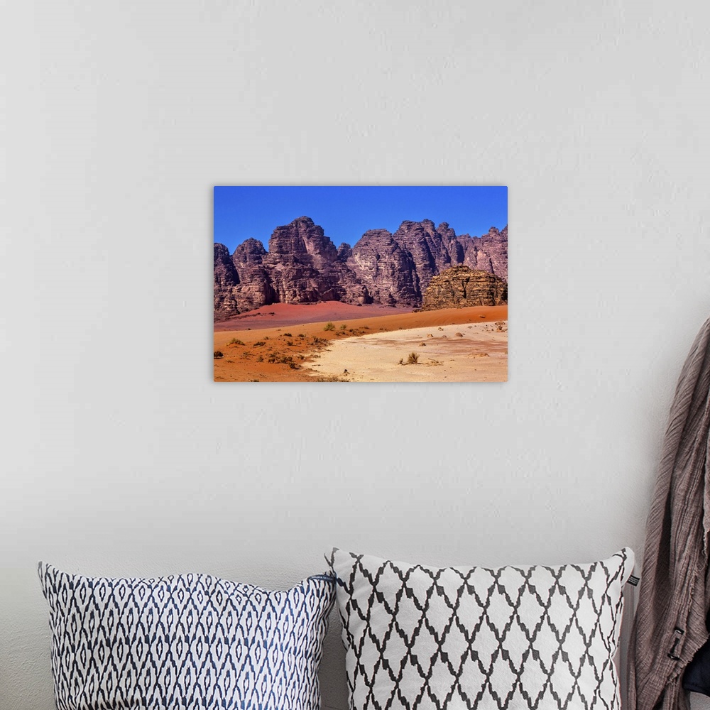A bohemian room featuring Orange Yellow Sand Rock Formation Wadi Rum Valley of the Moon Jordan. Inhabited by humans since p...