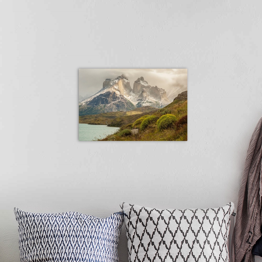 A bohemian room featuring South America, Chile, Patagonia. Lake Pehoe and The Horns mountains.
