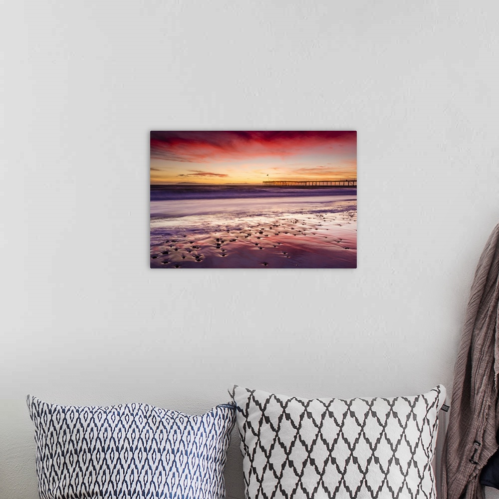 A bohemian room featuring Sunset over the Channel Islands and Ventura Pier from San Buenaventura State Beach, Ventura, Cali...
