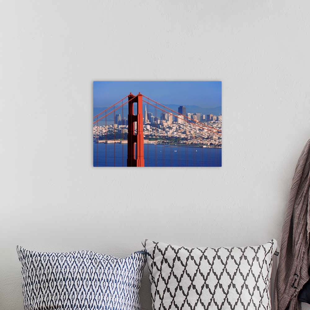 A bohemian room featuring USA, California, San Francisco. Golden Gate Bridge and city.