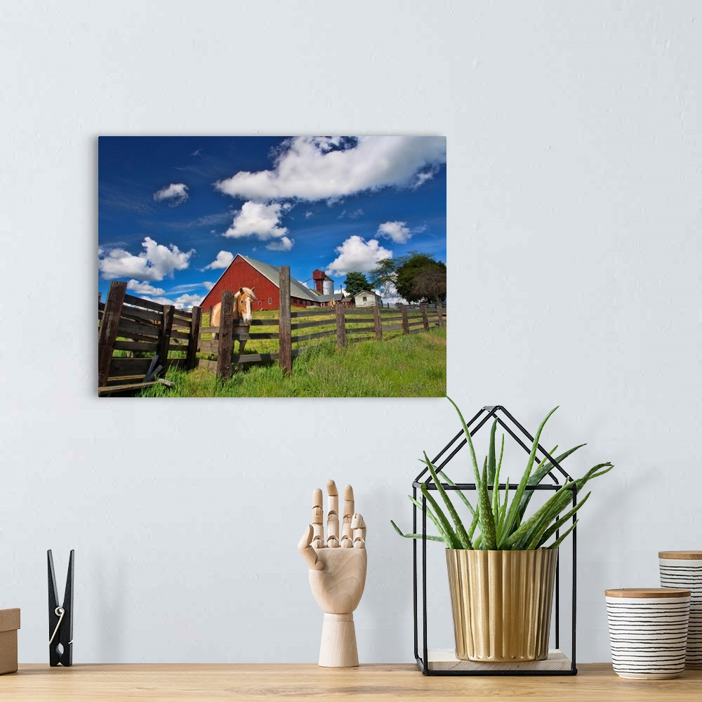 A bohemian room featuring North America, USA, Washington, Palouse Country, Colfax, Old Red Barn with Fence and Horse
