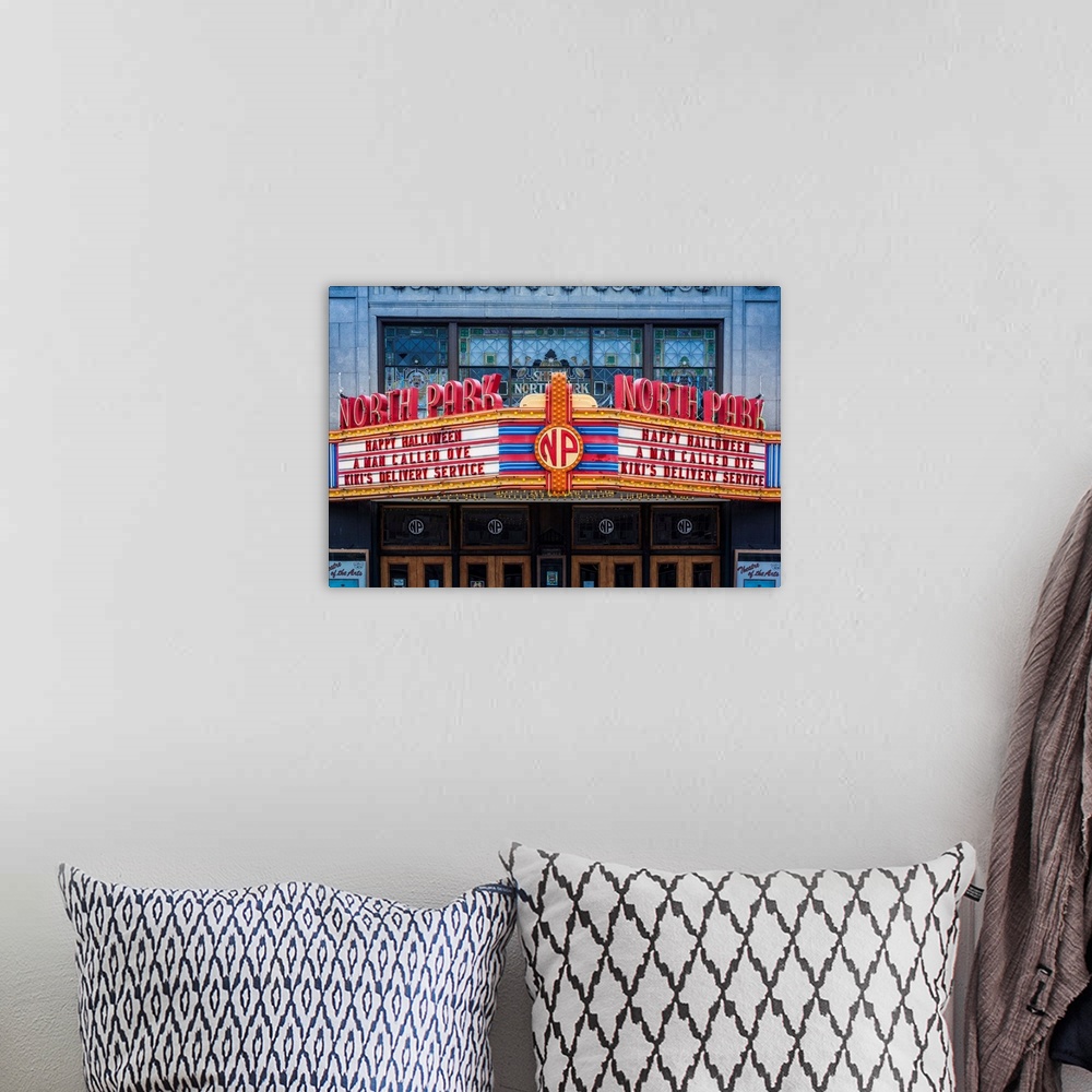 A bohemian room featuring USA, Western New York, Buffalo, North Park Theater, marquee.
