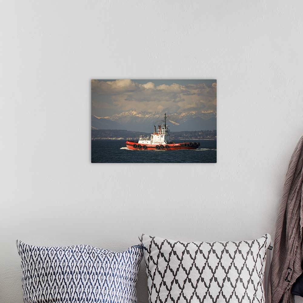 A bohemian room featuring Washington, Seattle, Tug boat on Elliott Bay with Olympic mountains.