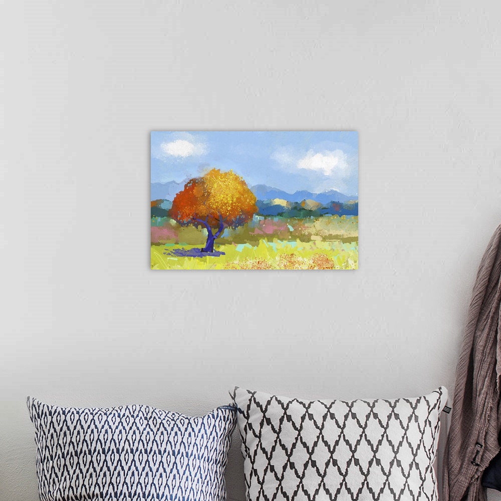 A bohemian room featuring Originally an oil painting of a colorful rural landscape. Originally an oil painting of fields of...