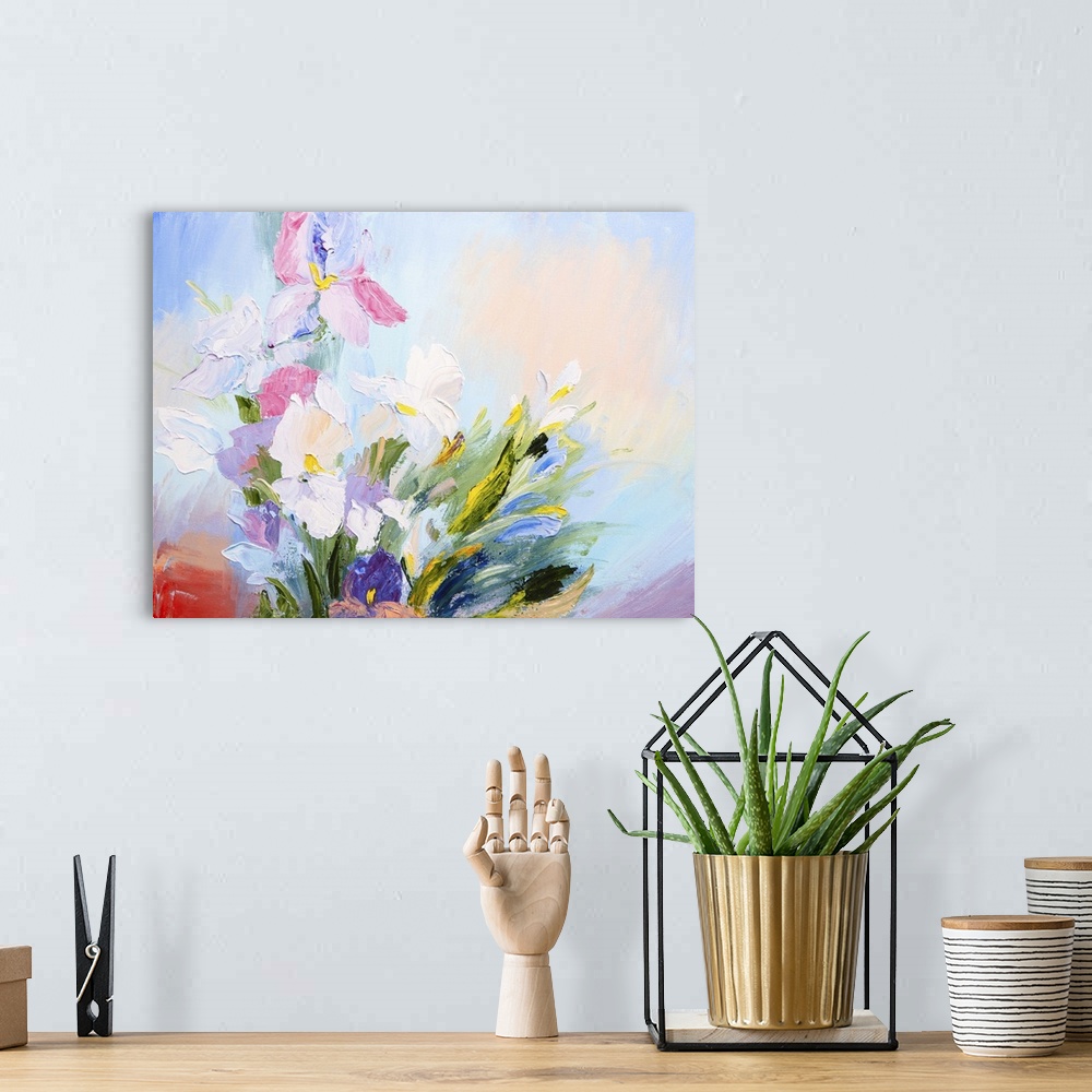 A bohemian room featuring Originally an oil painting of an abstract bouquet of spring flowers.