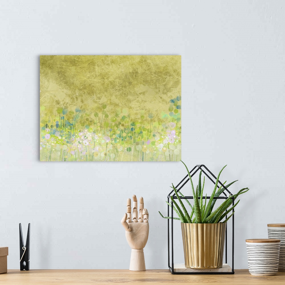 A bohemian room featuring Abstract painting flowers field on grunge paper texture background.
