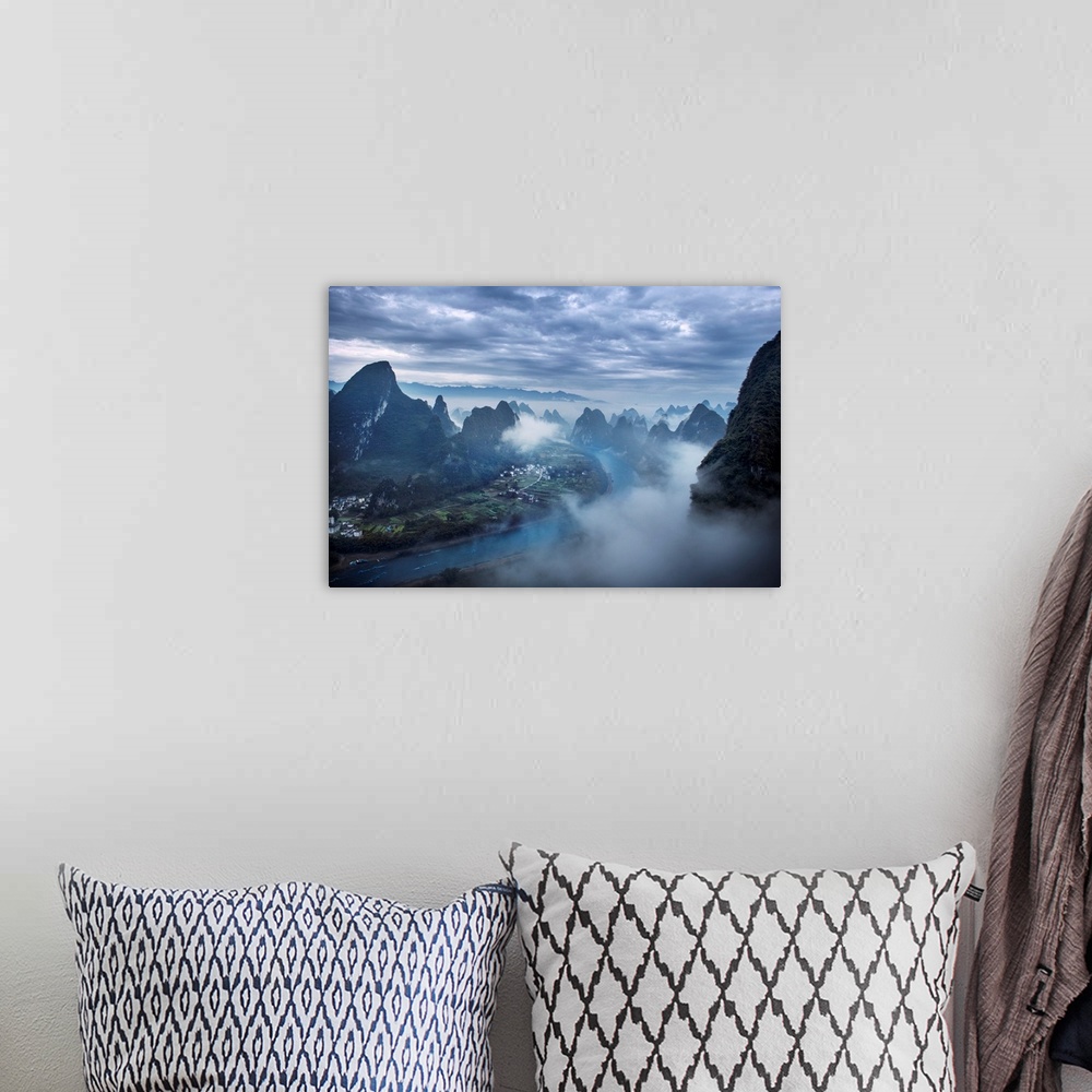 A bohemian room featuring Aerial view of Guilin city, river and mountains in fog, China, Asia.