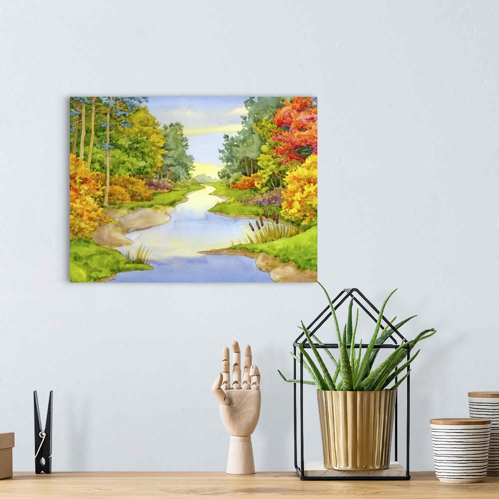 A bohemian room featuring Originally a watercolor landscape. Sinuous stream flows in a colorful autumn forest.