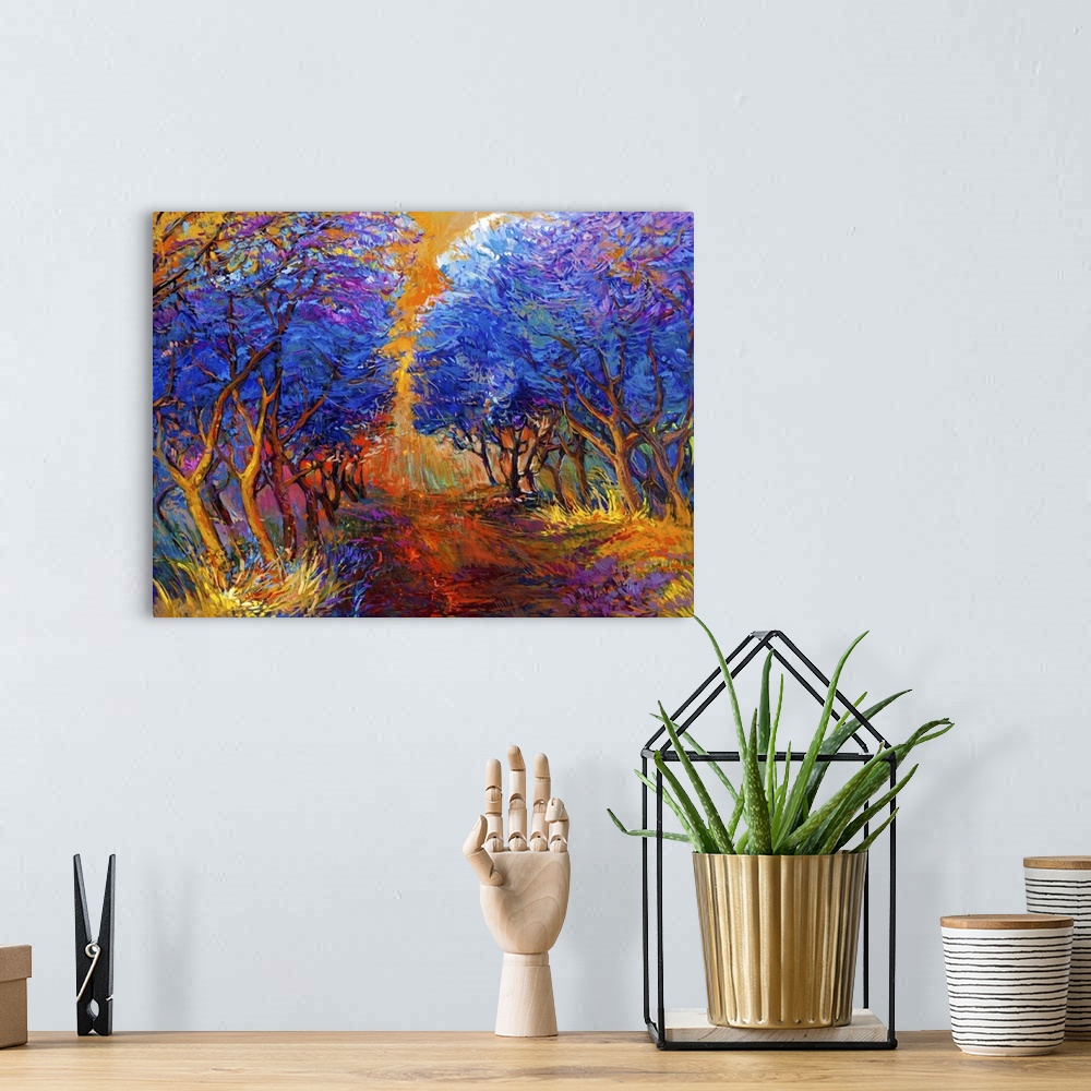 A bohemian room featuring Originally an oil painting of a beautiful sunset landscape. Autumn forest and sun rays.