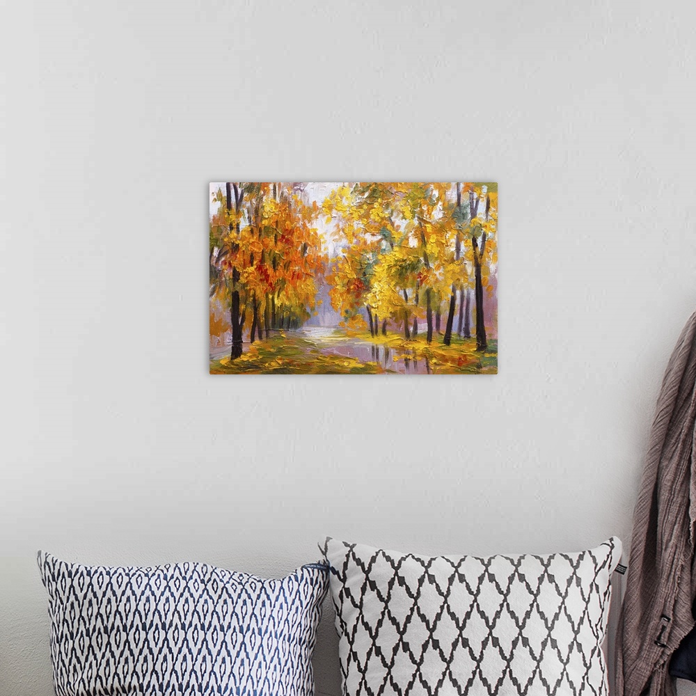 A bohemian room featuring Originally an oil painting landscape of an autumn forest. Full of fallen leaves.