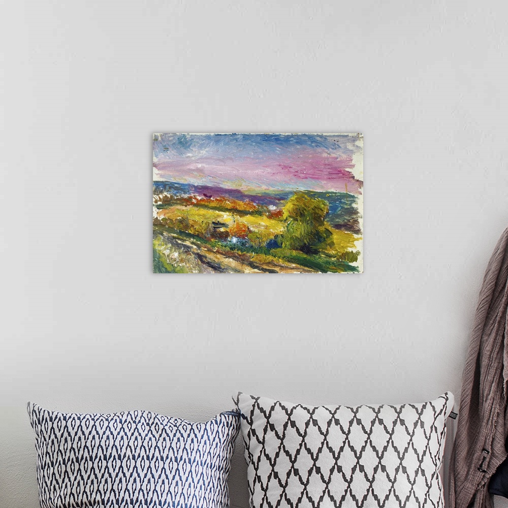 A bohemian room featuring Originally an oil painting of autumn landscape at sunset on canvas.