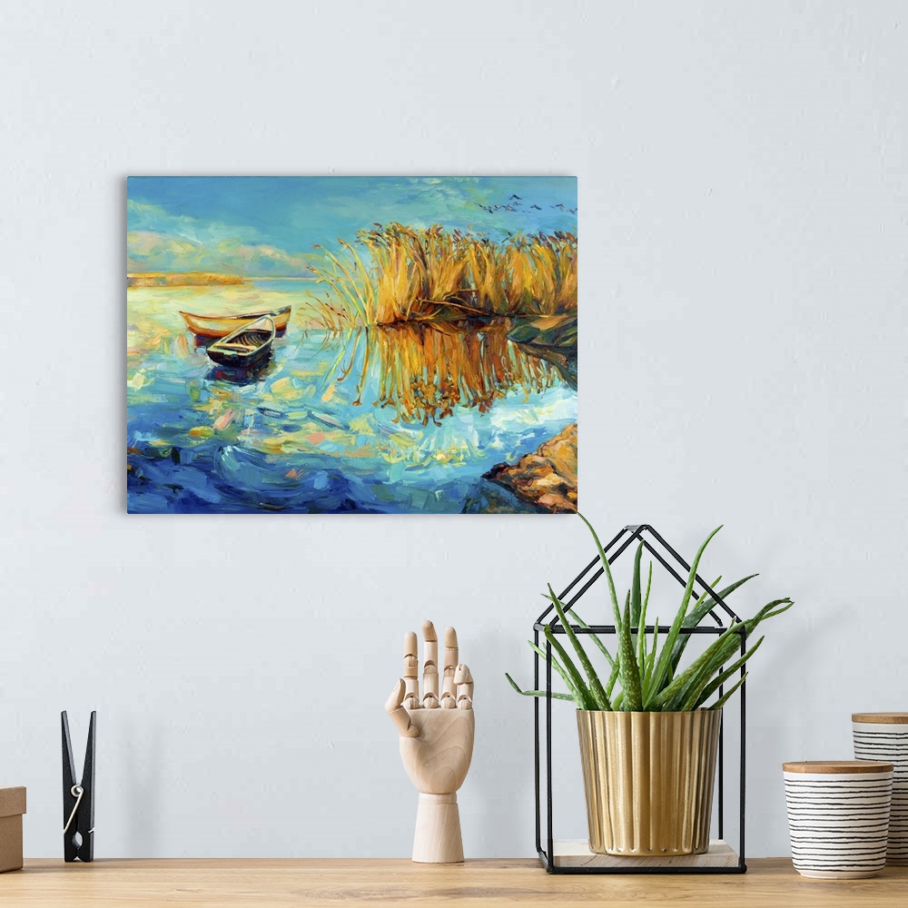 A bohemian room featuring Originally an oil painting on canvas of boats and a beautiful lake.