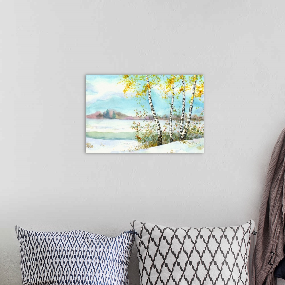 A bohemian room featuring Watercolor landscape of a yellowing birch and wild rose in a snow-covered field near the river.