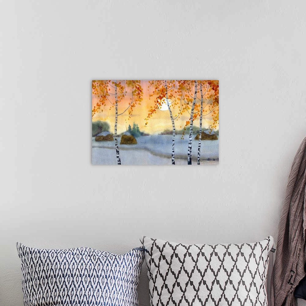 A bohemian room featuring Watercolor landscape of yellowing birch trees near a trail in snowy field.