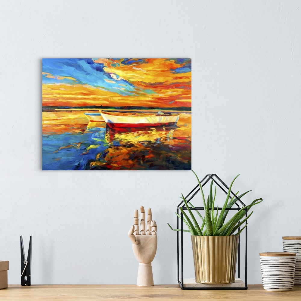 A bohemian room featuring Originally an oil painting on canvas of a boat and the sea.