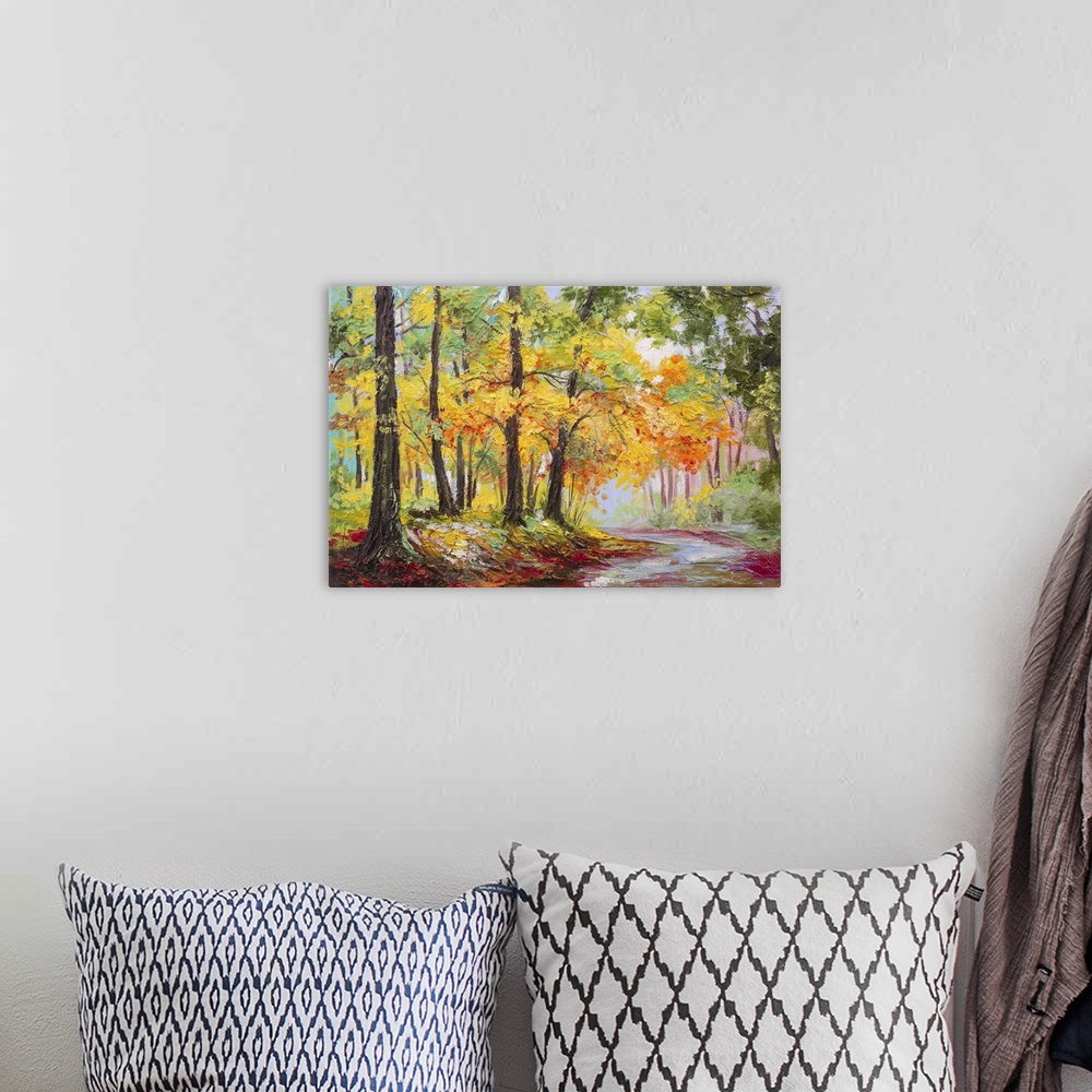 A bohemian room featuring Originally an oil painting landscape - colorful autumn forest.