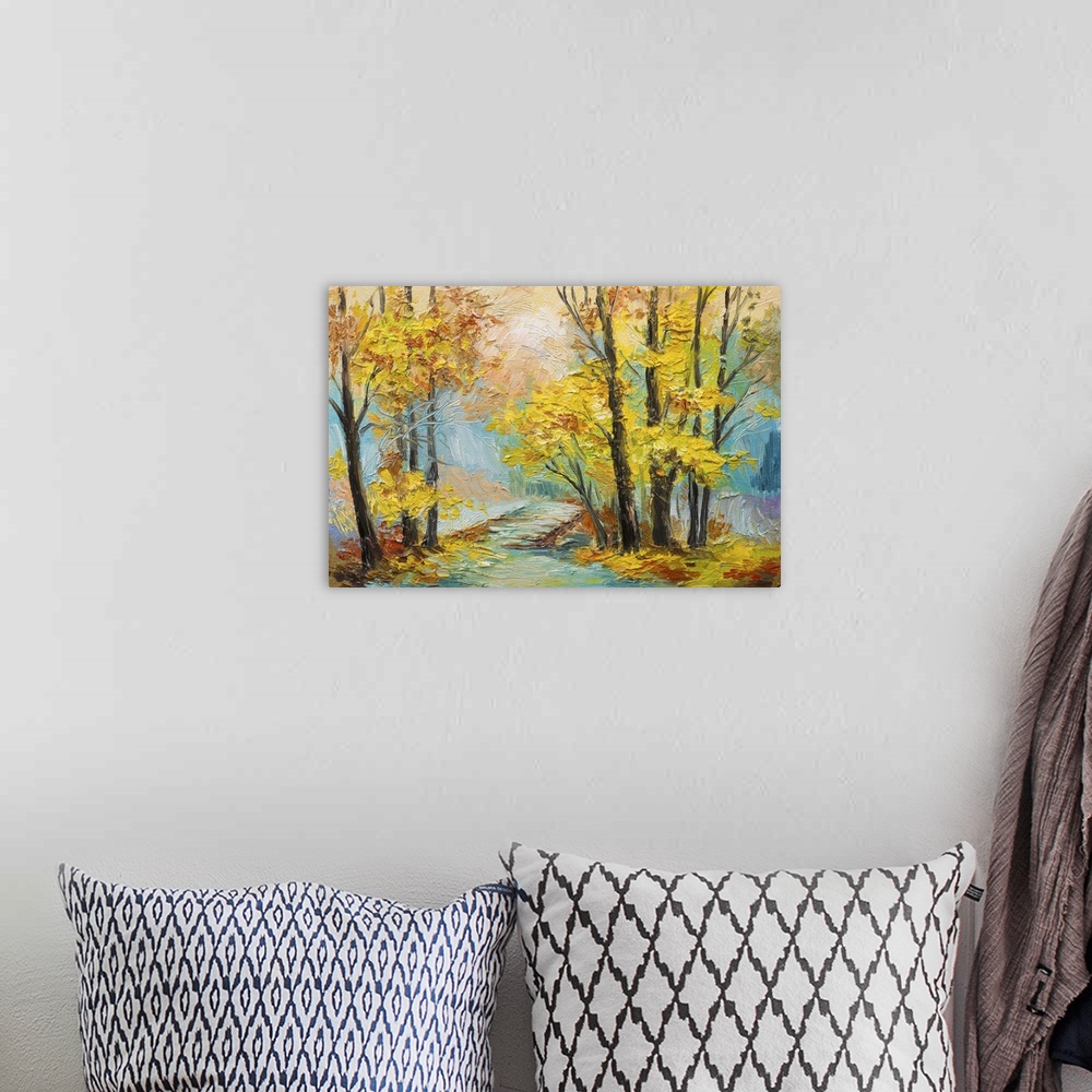 A bohemian room featuring Originally an oil painting landscape of a colorful autumn forest.