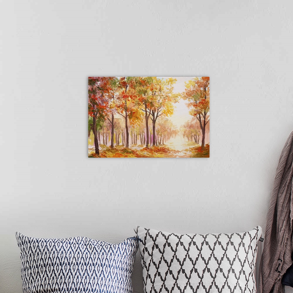 A bohemian room featuring Originally an oil painting landscape of a colorful autumn forest.