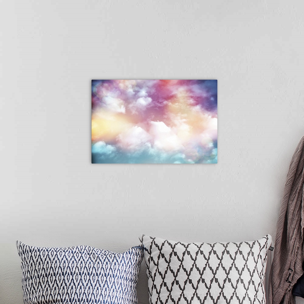 A bohemian room featuring Colorful clouds with lens flare.