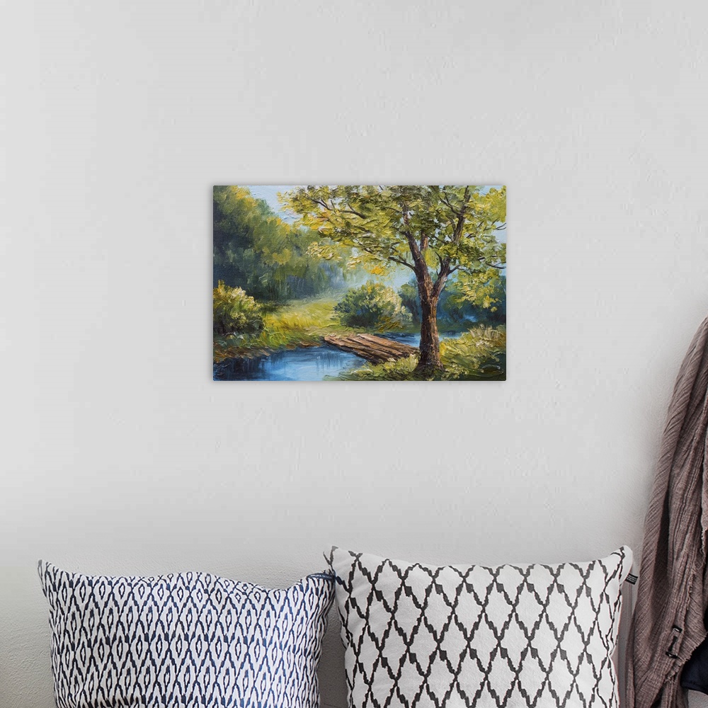 A bohemian room featuring Originally an oil painting landscape of colorful summer forest, beautiful river.