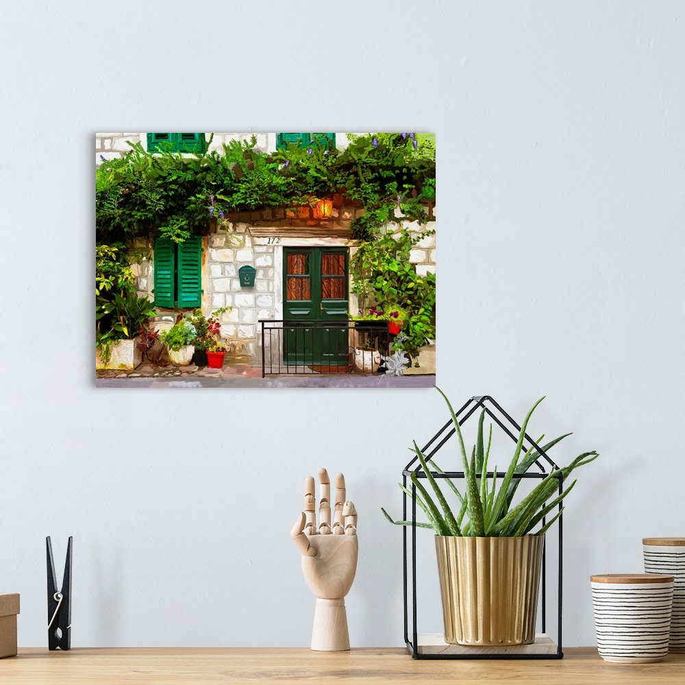 A bohemian room featuring Originally a digital illustration. Welcoming facade. A small structure in Montenegro. A lot of fl...